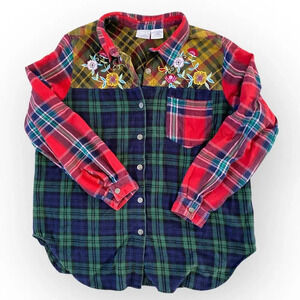 Vintage Floral Embroidered Multi Colored Mixed Plaid Button Down Shirt size M/L